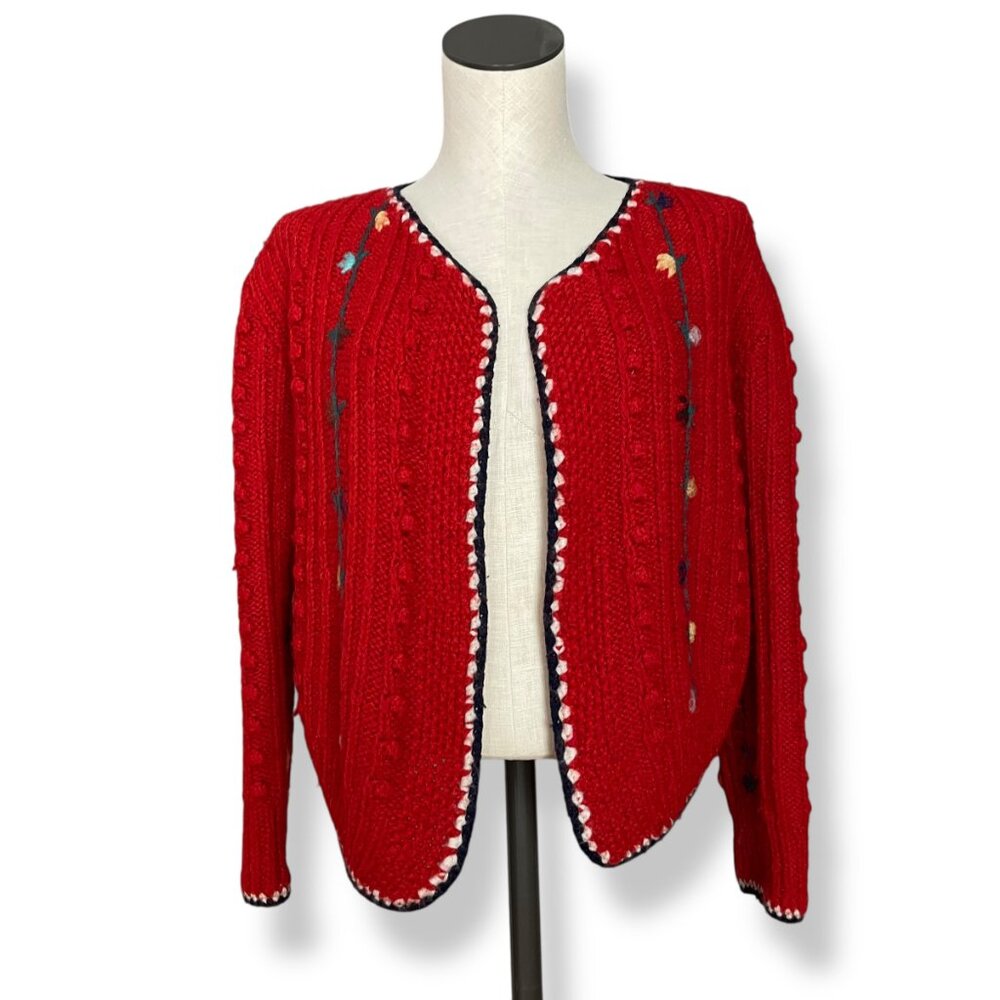 Vintage Cardigan Sweater Women Floral Open‎ Front Wool Acrylic Eclectic Artsy